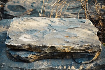 A single rock perched on top of a stack of other rocks, with texture and natural environment