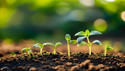 Nurturing seedlings in rich soil amidst a blurred natural background, promoting sustainability and carbon footprint reduction in agricultural practices