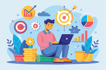 Poster - a worker is concentrated on their laptop, analyzing business data in a vibrant, creative environment