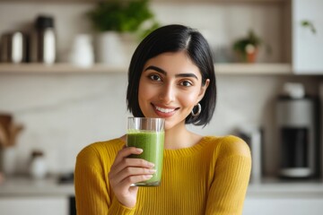 Compelling and relatable close up imagery of beautiful indian woman with short haircut holding in hand healthy smoothie against light modern minimalistic kitchen background