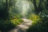 A Sunlit Path Through a Lush Green Forest with Yellow and White Flowers