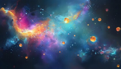 Colorful Nebula and Floating Spheres Symbolizing Connection and Energy in Abstract Background