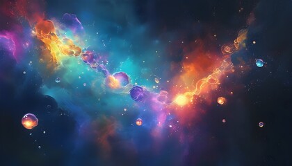 Colorful Nebula and Floating Spheres Symbolizing Connection and Energy in Abstract Background