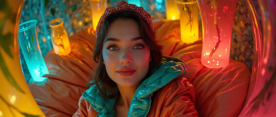 Cinematic shot of an exotic woman smiling at the camera. Exotic background.