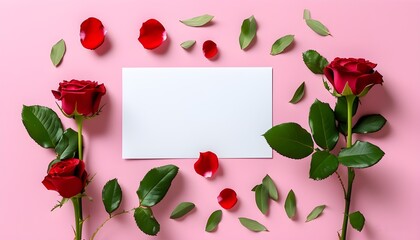 Wall Mural - Romantic arrangement of sticky notes, love cards, and roses on pink background, creating a heartfelt space for messages on Valentines Day or anniversaries