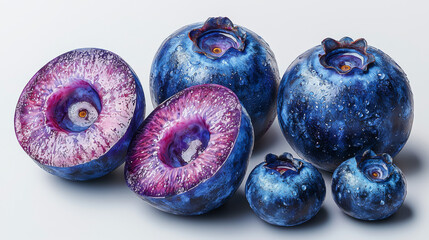 Closeup of blueberries, some sliced in half, showing their vibrant colors and texture.