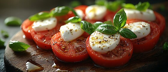 Wall Mural - Fresh tomato and mozzarella salad garnished with basil leaves.