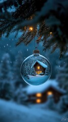 Wall Mural - A stunning ornament features a miniature house encased in glass, surrounded by falling snow, with a wintery forest and river backdrop lending a serene atmosphere