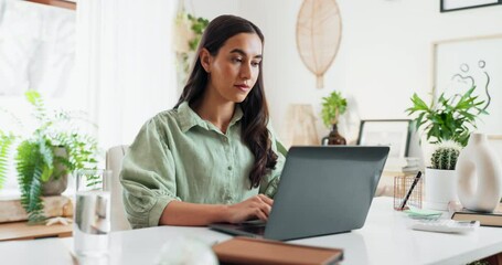 Poster - Remote work, laptop and business woman typing report, email or creative story in home office. Computer, research or freelancer writing article, news or eco friendly blog with environmental journalist