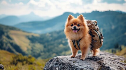 A happy Pomeranian stands on a rock in the mountains, wearing a small backpack. The dog looks excited, surrounded by lush green hills and a bright blue sky