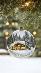 Wall Mural - A stunning ornament features a miniature house encased in glass, surrounded by falling snow, with a wintery forest and river backdrop lending a serene atmosphere