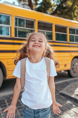 Schoolgirl smiling confidently, ready for school, standing in front of a yellow school bus, education, childhood, happiness concept