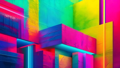 Wall Mural - Dynamic abstract composition featuring vibrant neon lights, bold colors, and geometric shapes layered with rich textures.