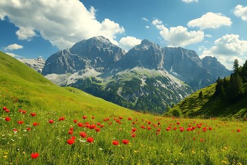 Wall Mural - Scenic Mountain Range with Lush Meadow and Poppy Flowers