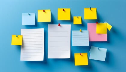 Wall Mural - Colorful sticky notes on a blue wall creating an organized space for reminders, planning tasks, and brainstorming ideas with a blank document for creativity