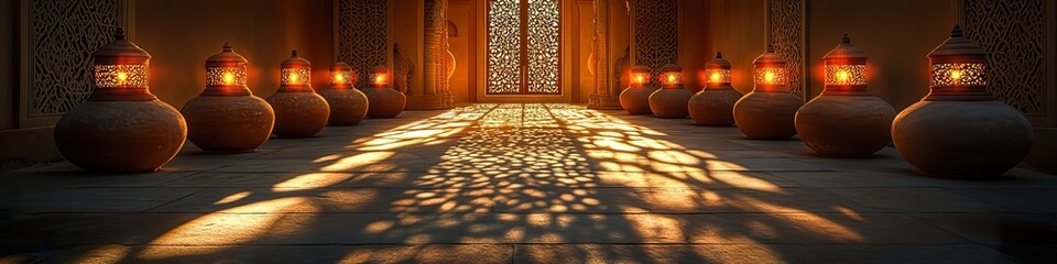 Rows of illuminated earthen lamps leading to a decorative doorway, casting intricate shadows on the ground.