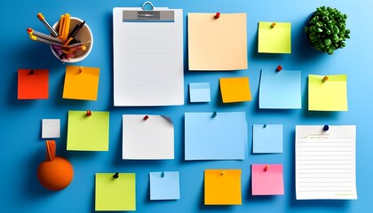 Wall Mural - Colorful sticky notes on a blue wall creating an organized space for reminders, planning tasks, and brainstorming ideas with a blank document for creativity