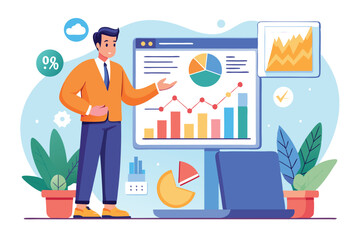 Poster - An analyst is explaining data trends using colorful charts in a contemporary office environment, Analyst data presentation shows a flat trend.