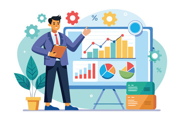 Poster - A business analyst presents a flat trend analysis using charts and graphs in a meeting setting, Analyst data presentation shows a flat trend.