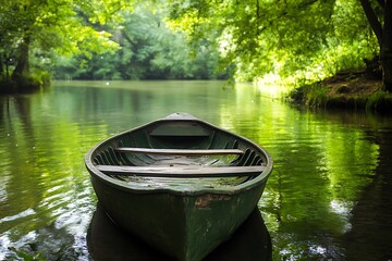 Poster - Rowboat on tranquil lake surrounded by lush green forest. Peaceful nature scene for relaxation, summer vacation, and travel