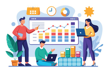 Poster - team of analysts discussing monthly reports while utilizing charts and laptops in the office, analys