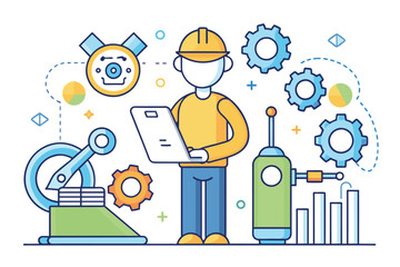 Poster - A technician inspects machinery designs with gears and tools around them in an industrial workspace, analyze and maintain, simple drawing