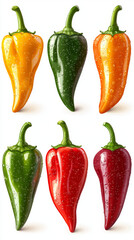 Wall Mural - A collection of six vibrant chili peppers, showcasing different colors and textures.