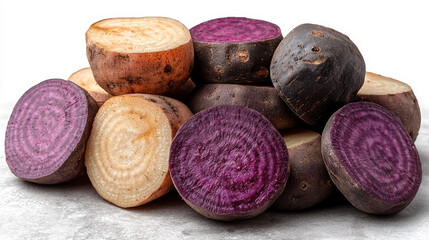 A close-up of sliced purple and yellow beets.