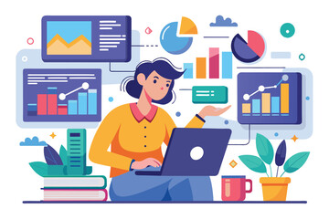 Poster - a woman works on a laptop, analyzing business data with graphs and charts in a vibrant office enviro