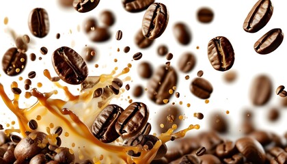 Wall Mural - Dynamic Capture of Coffee Beans in Motion Against a Crisp White Background, Evoking Energy and the Rich Aroma of Espresso for a Perfect Morning Brew