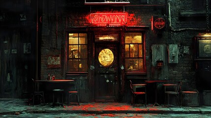 Canvas Print - Nighttime View of a Grungy City Building with Neon Sign