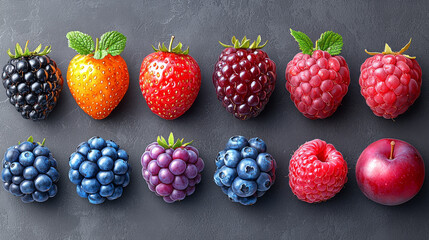 Wall Mural - A rainbow of fresh berries and an apple.