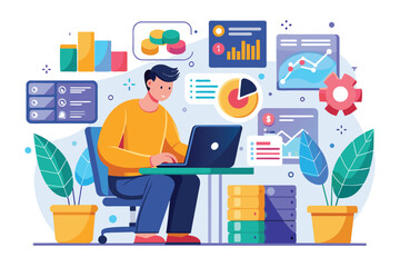 Poster - a person is analyzing data on a laptop surrounded by charts and statistics in a colorful office, ana