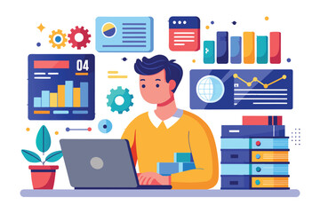 Poster - A person focused on analyzing data and managing databases, surrounded by charts and tools for work, analyze data, manage databases, create flat illustrations