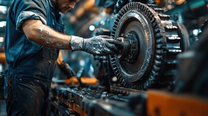 Poster - A skilled mechanic is focused on repairing a large industrial machine in a busy workshop filled with tools and equipment, demonstrating expertise and precision