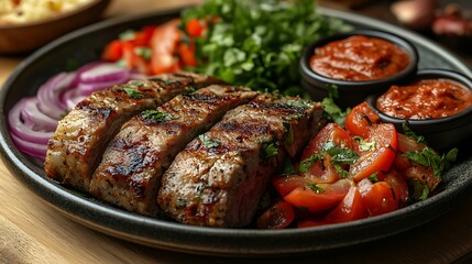 Wall Mural - Grilled meat platter with fresh vegetables and sauces.