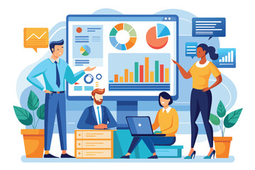 Poster - a diverse business team collaborates to analyze performance data displayed on a large screen, analyz