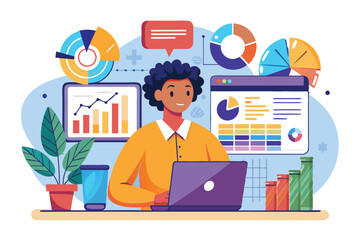 Poster - a business analyst works on a laptop, reviewing colorful charts in a bright office environment, anal