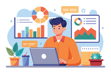 Poster - a person analyzes business charts and data on a laptop while seated at a desk in an office environme