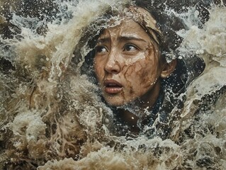 Wall Mural - Woman Emerging from Water: A Portrait of Fear and Resilience