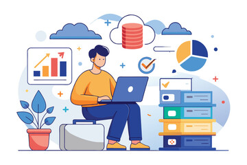 Poster - A person sits cross-legged, using a laptop to analyze cloud data, while charts and files surround them, Analyzing data in cloud storage using a simple illustration.