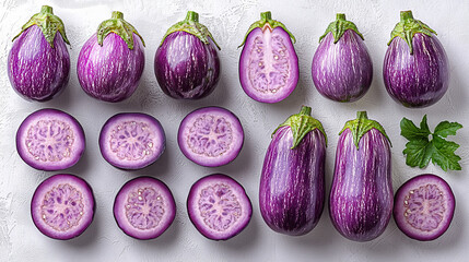 Fresh striped eggplants arranged on a white background.