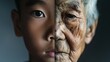 © Phoophinyo - The face is divided into two halves - half of an Asian boy and half of an old Asian man. Distinguishing childhood and old age, aging, maturation, longevity, lifespan, aging, gerontology.