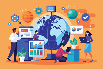 Poster - Individuals collaborate using a globe and computer while analyzing data through various digital tools, Analyzing data using people, globe, and computer illustrations.