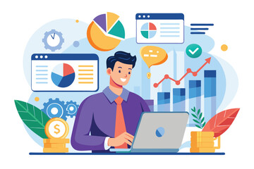 Poster - A person is analyzing financial data and investment reports using a laptop surrounded by charts and graphs, Analyzing investment reports for a company using a flat illustration.