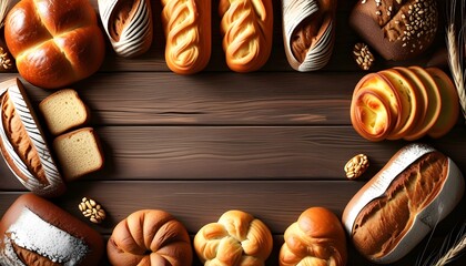 Wall Mural - Artisan Bakery Delights: Freshly Baked Breads and Pastries on Rustic Wooden Background