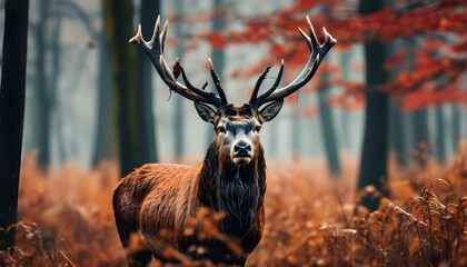 Sticker - Regal Red Deer Stag Amidst Autumns Vibrant Forest Foliage