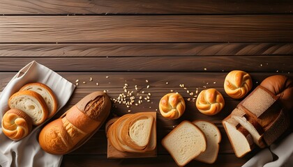 Wall Mural - Artisan Bakery Delights: Freshly Baked Breads and Pastries on Rustic Wooden Background