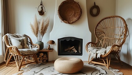 Wall Mural - Warm and Inviting Boho Living Room Featuring Cozy Fireplace and Rattan Chair