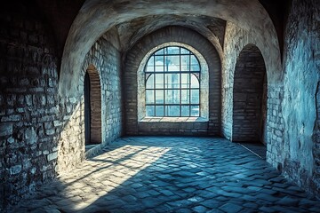 Sticker - Old stone room with arched window and cobblestone floor